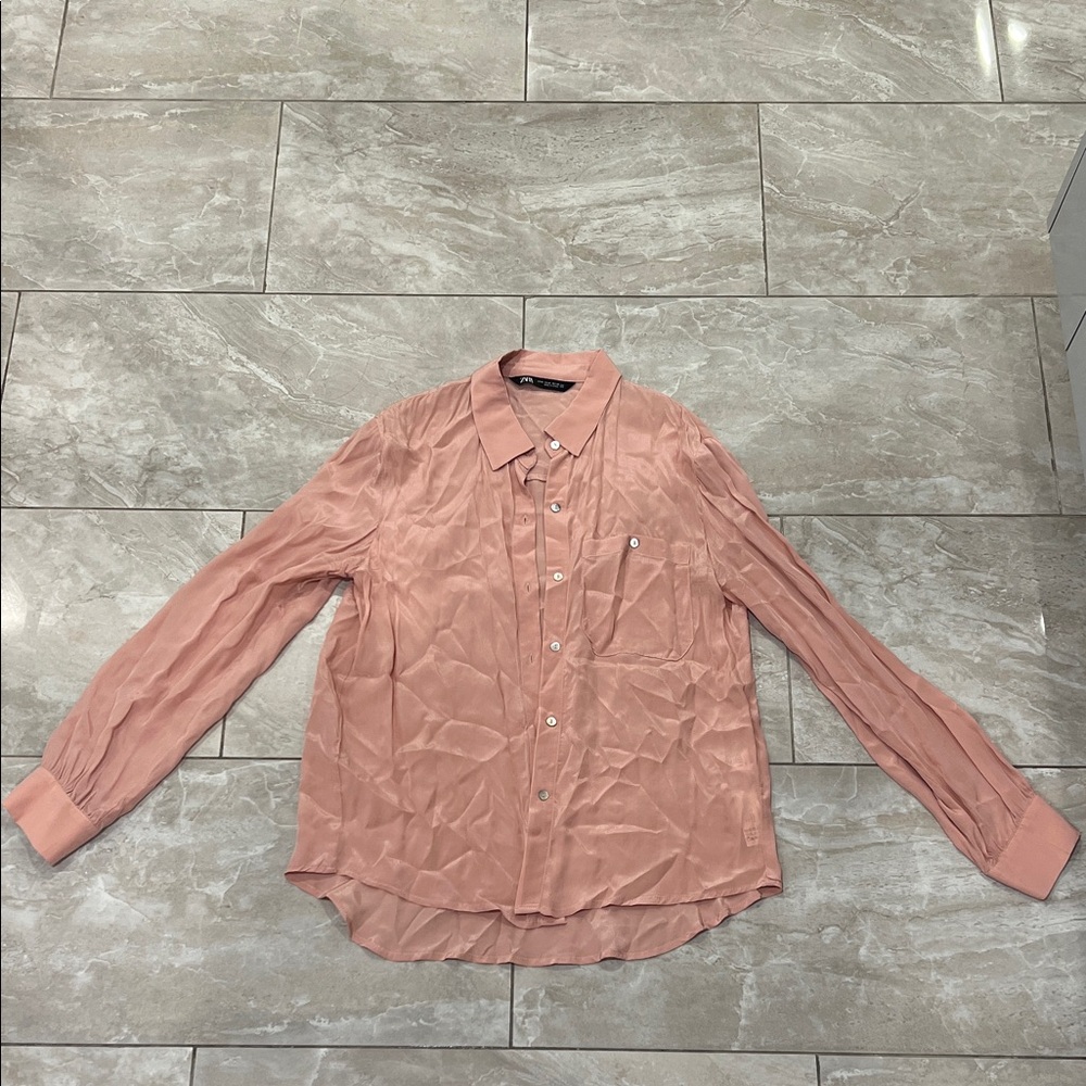 Zara Light Pink Button-Down Satin Blouse
